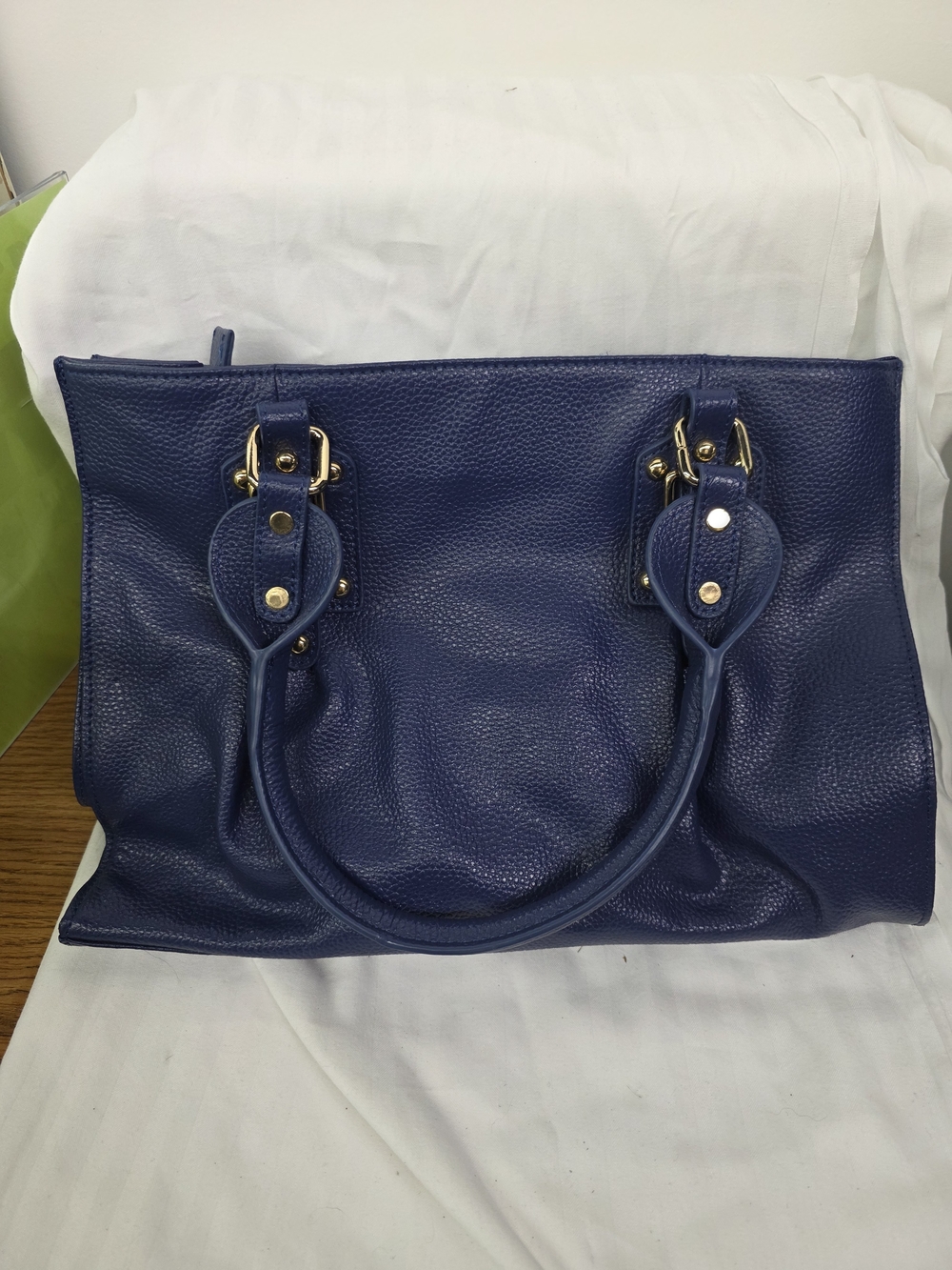 Terzetto Deep Blue Leather Tote with Gold Hardware
